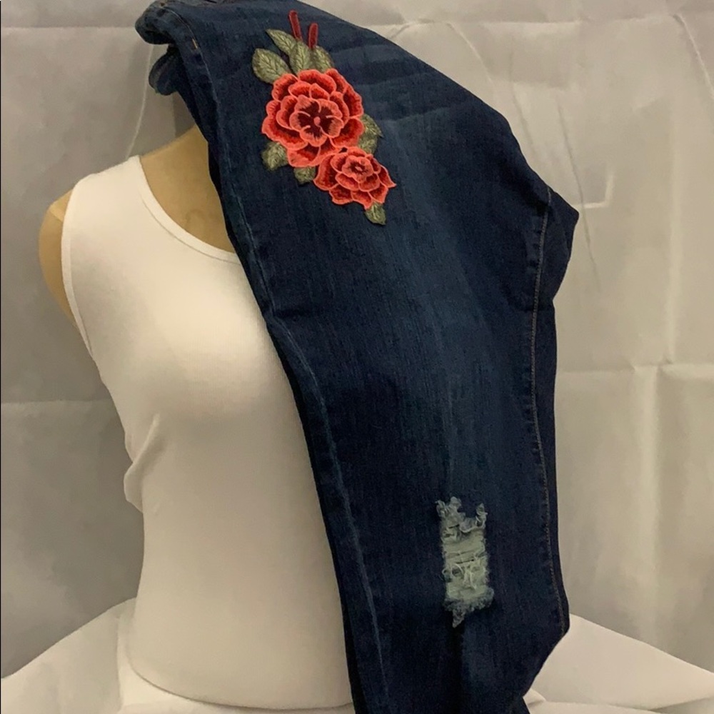 Designer Jeans Distressed with Embroidered Flowers